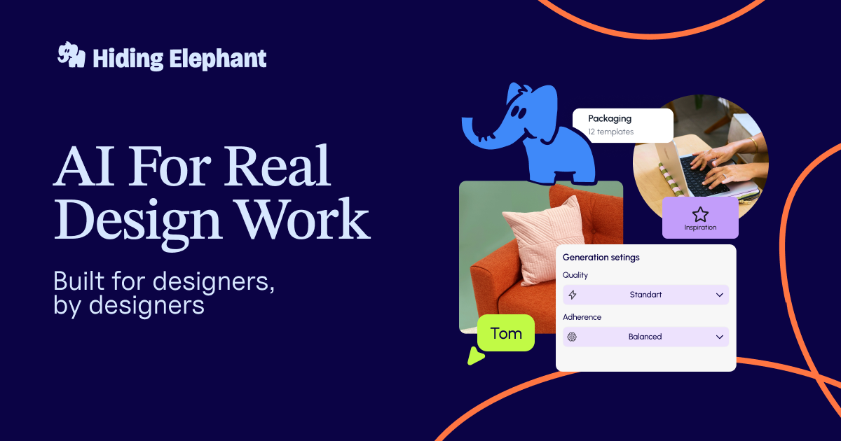 Hiding Elephant tagline art: AI for real design work, with Ellie holding a star