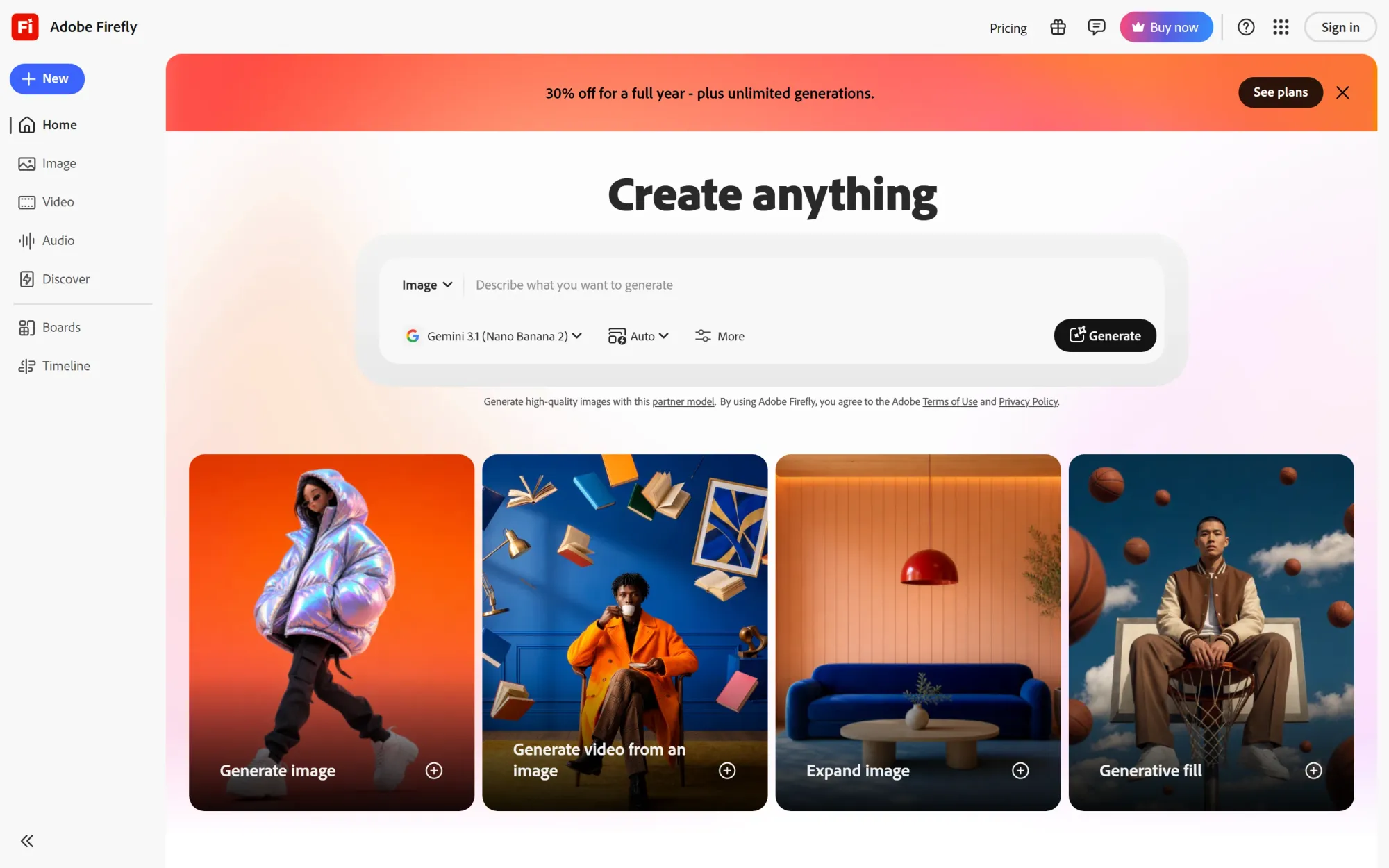 Adobe Firefly homepage with generative image and video creation tools