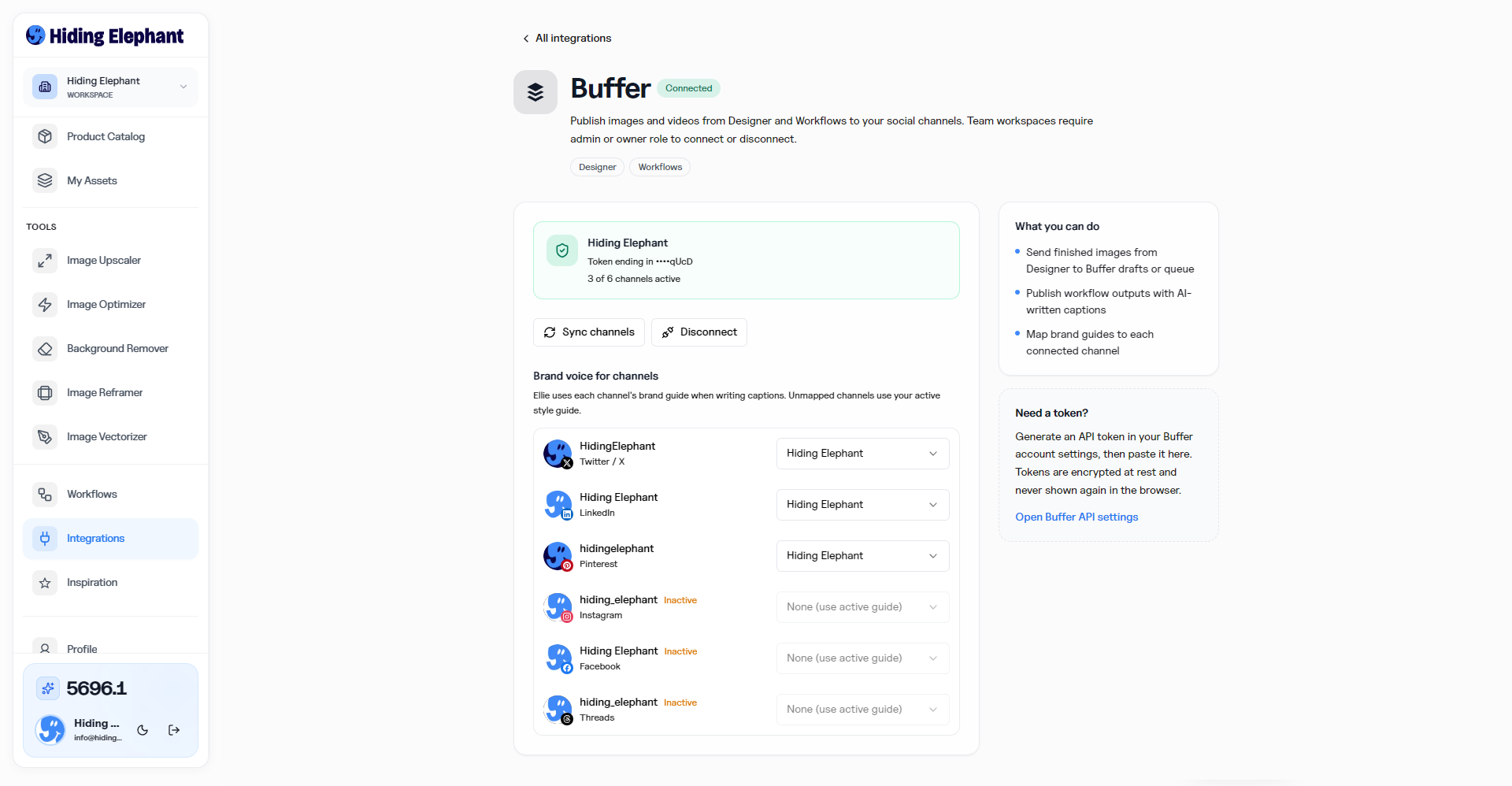Buffer integration dashboard with connected channels and brand guide mapping