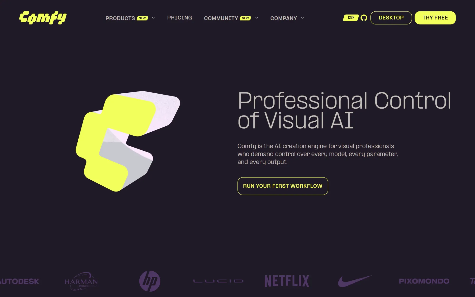 ComfyUI homepage focused on professional control of visual AI workflows