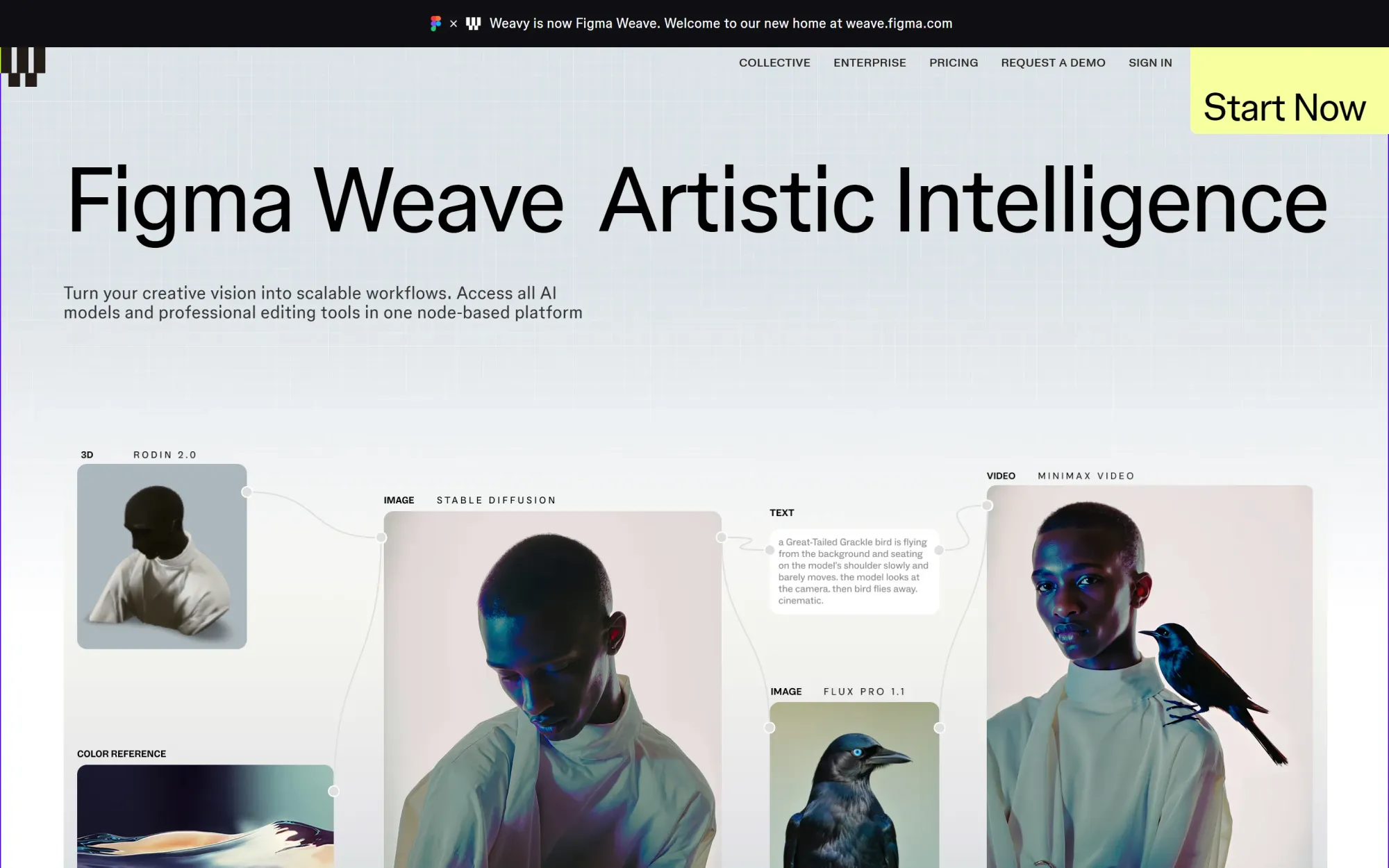 Figma Weave homepage showing a node-based AI creative workflow