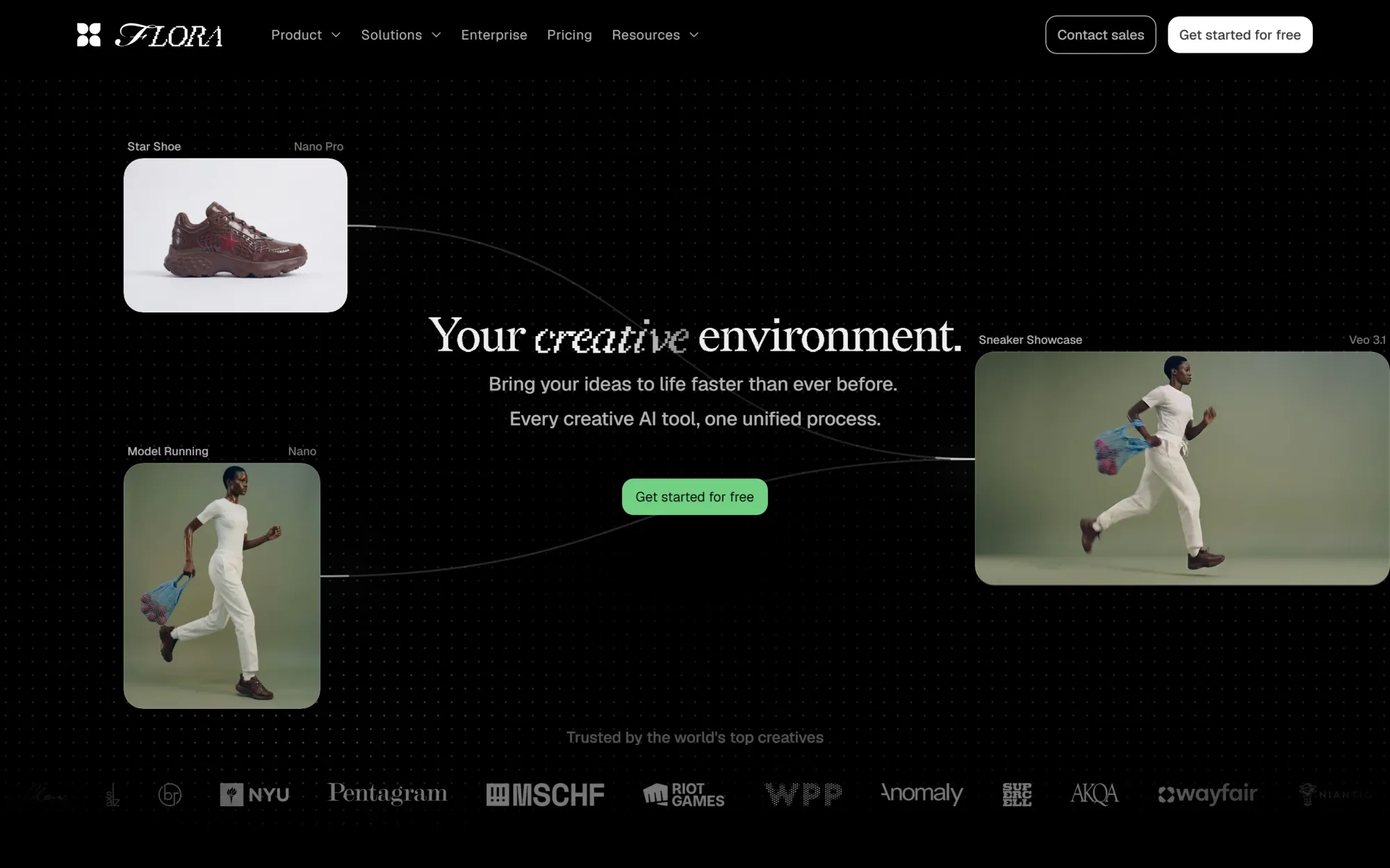 FLORA homepage showing a collaborative generative canvas workflow