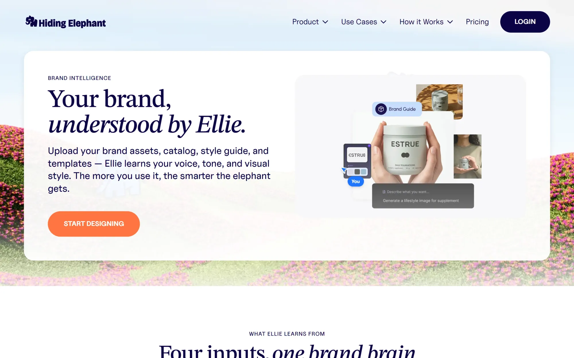 Hiding Elephant Brand Intelligence page: your brand, understood by Ellie