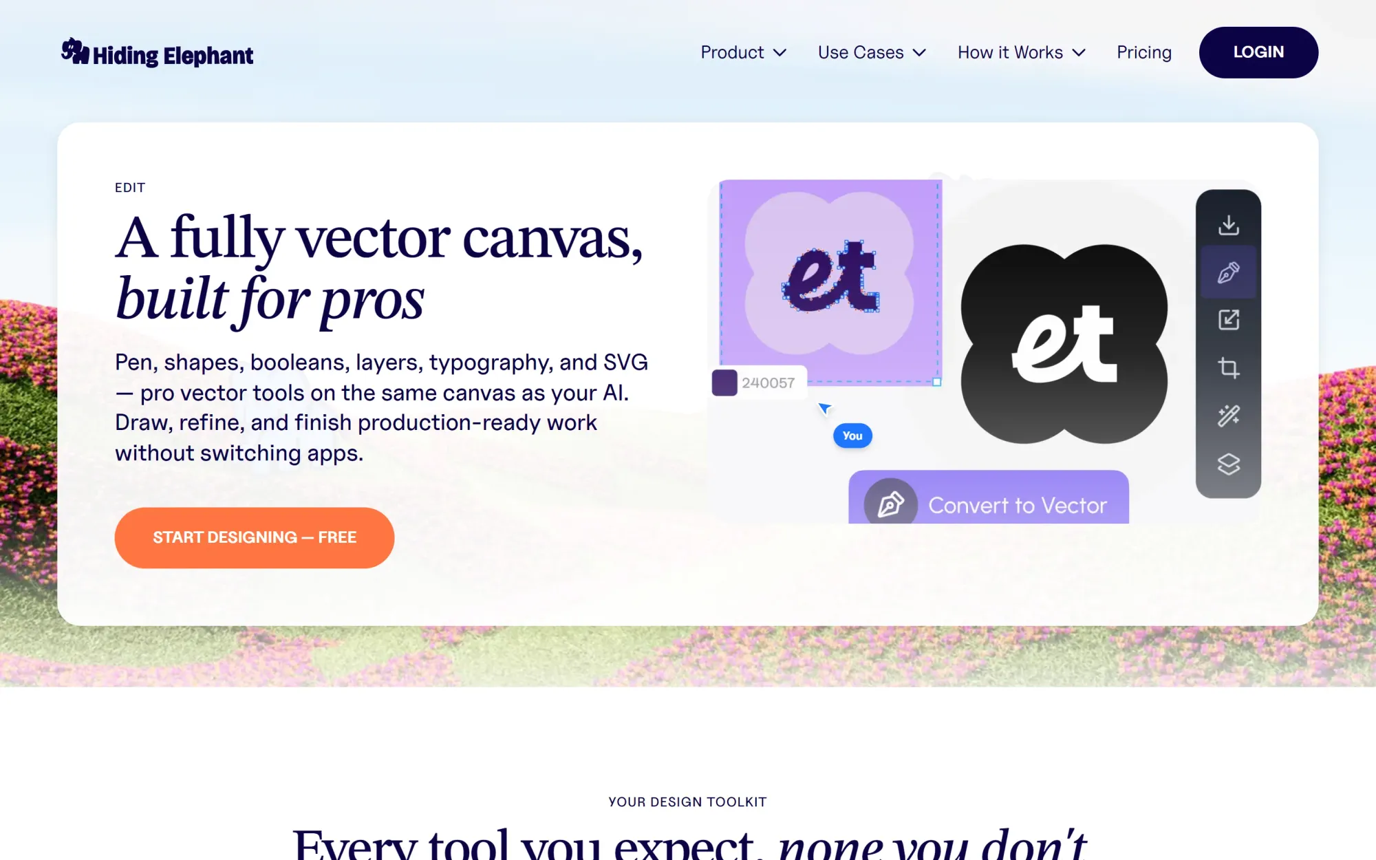 Hiding Elephant canvas editor page highlighting a fully vector canvas for pros