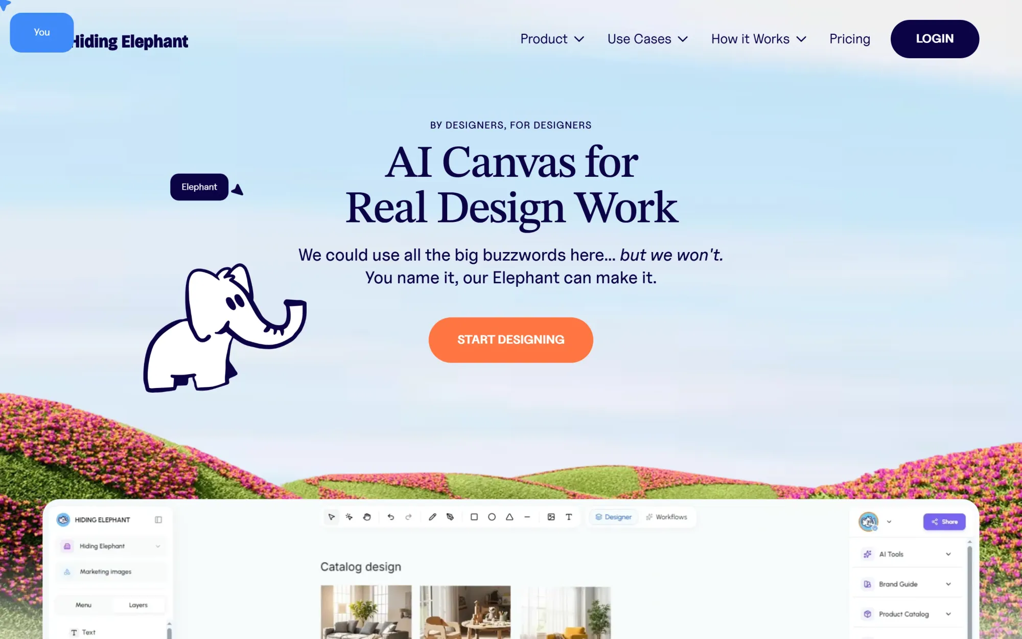 Hiding Elephant homepage: AI canvas for real design work