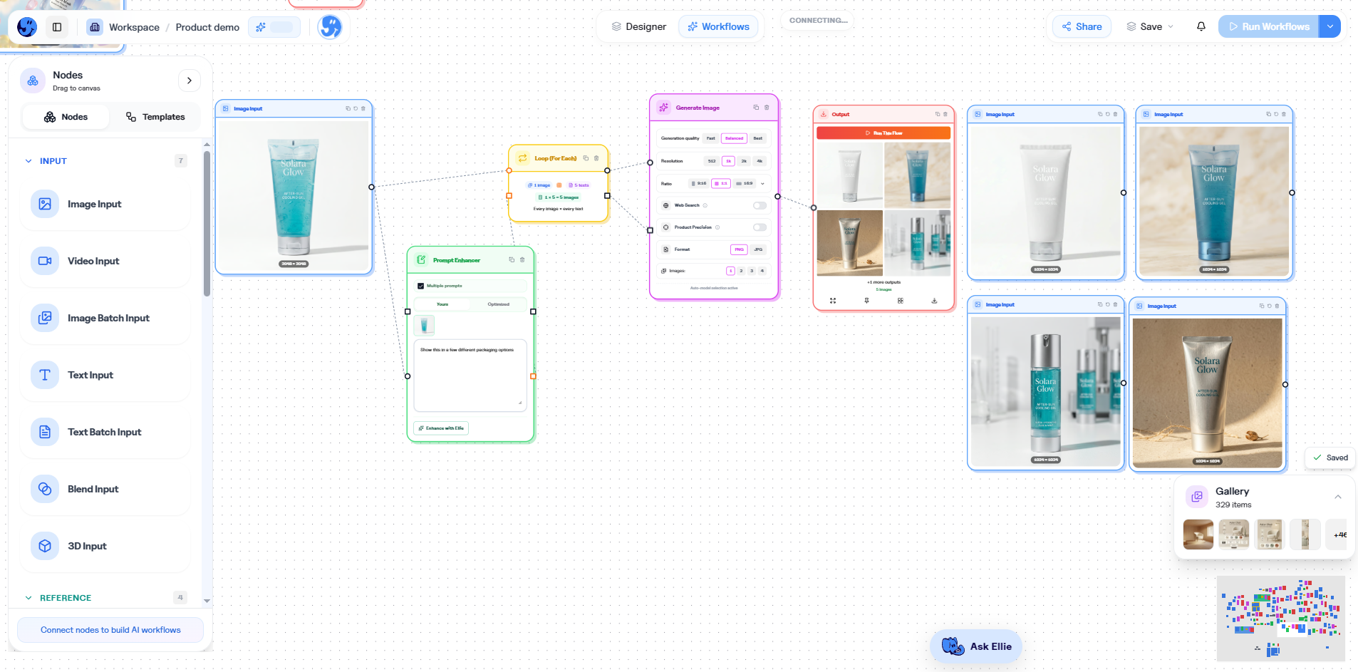 Workflow builder with Designer and Workflows toggle, connected nodes, and shared gallery