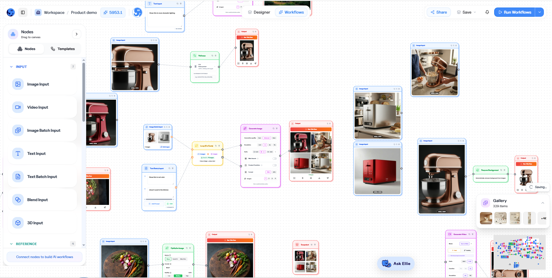 Complex product workflow with connected input, generate, and output nodes