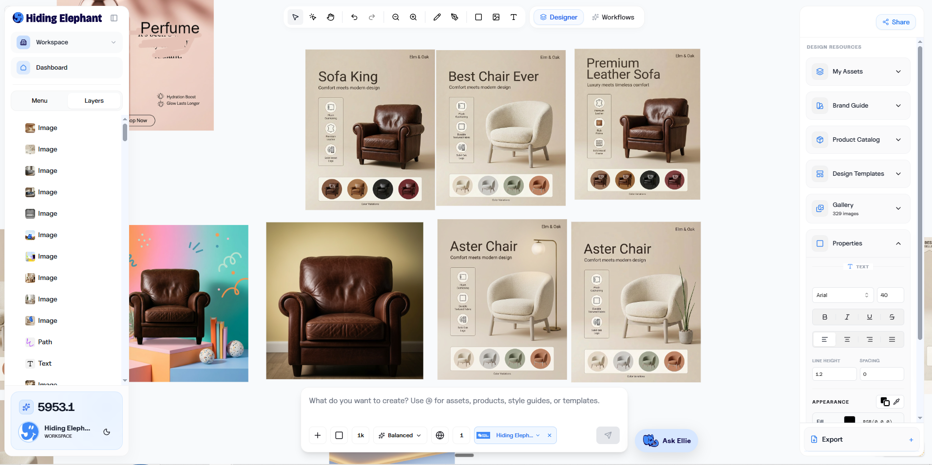 Designer view with product ads and campaign layouts on the canvas