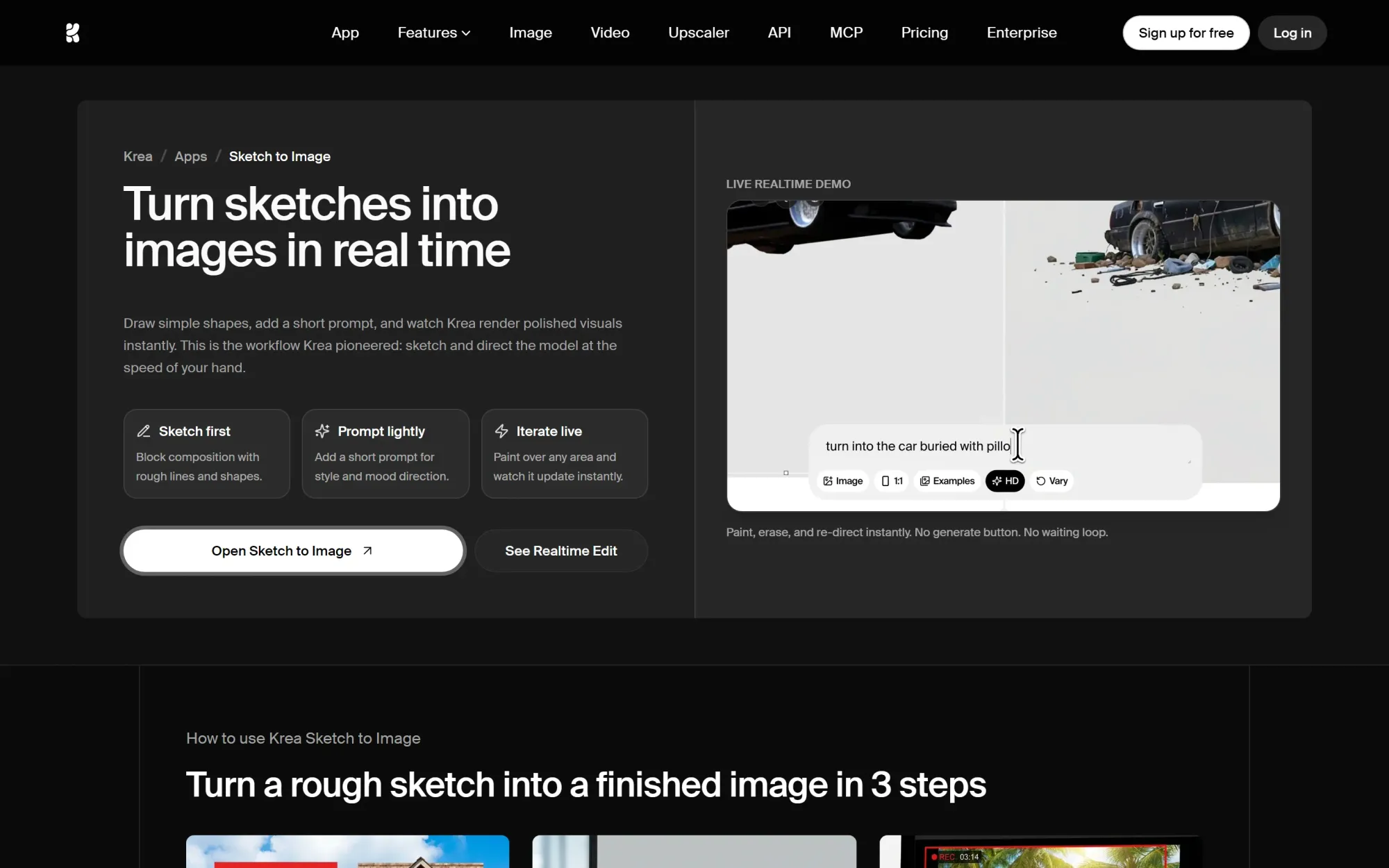 Krea sketch-to-image page showing realtime sketch-guided AI generation