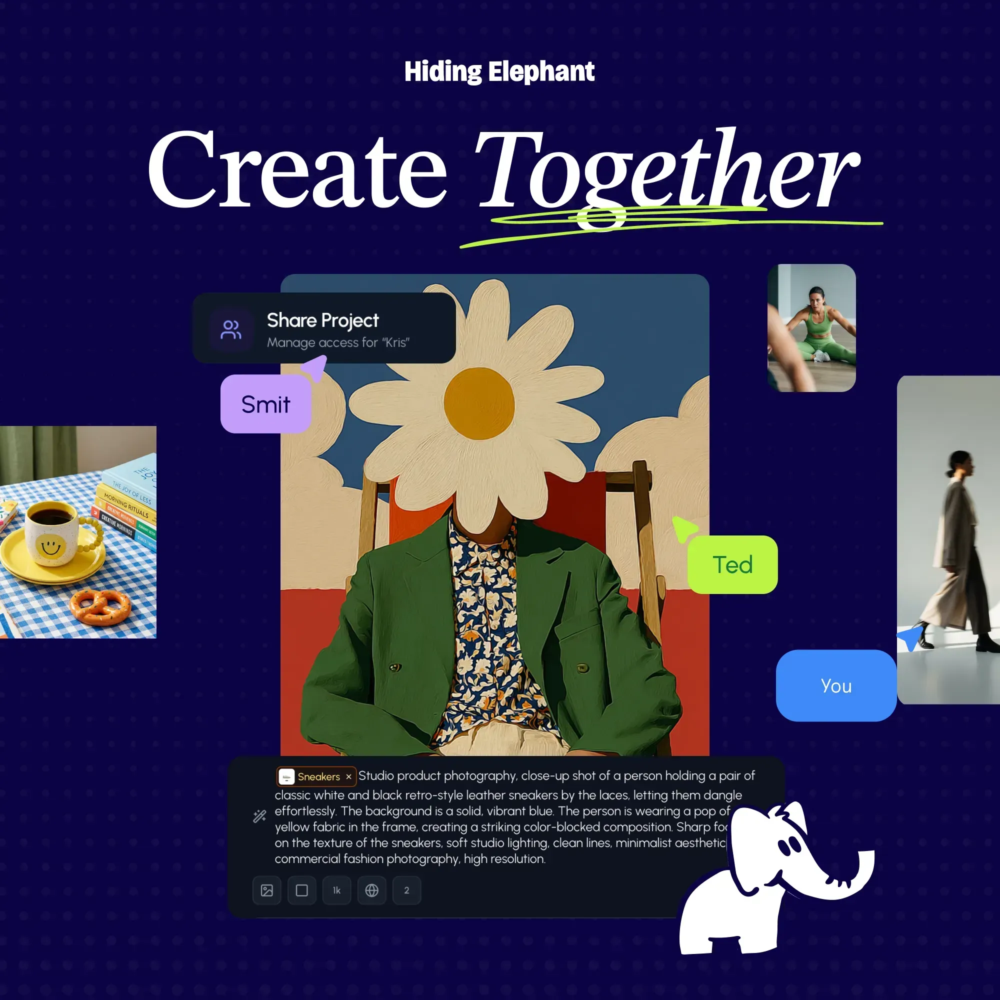 Teammates collaborating live on the Hiding Elephant design canvas