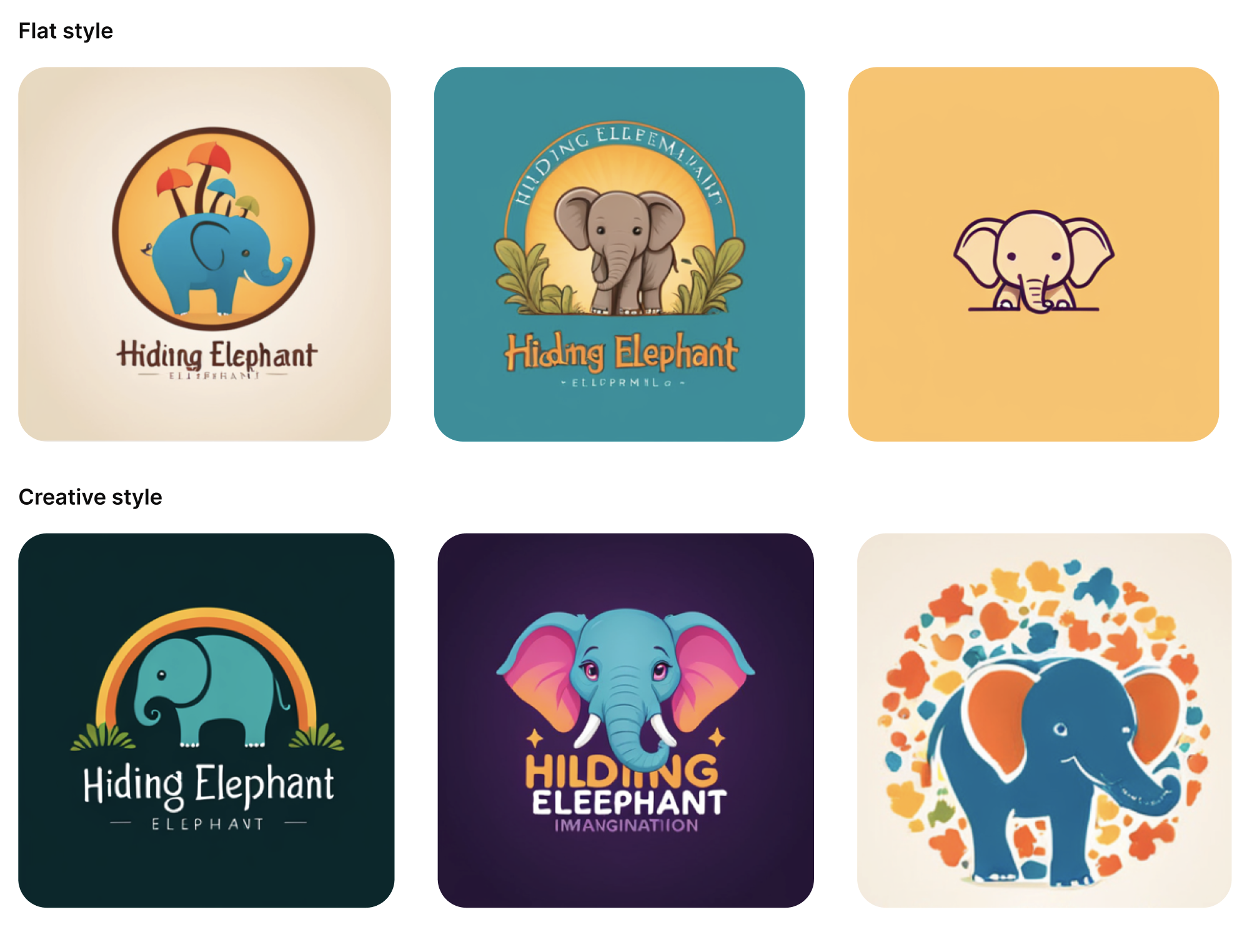 Unique generative AI logo concepts created in Hiding Elephant