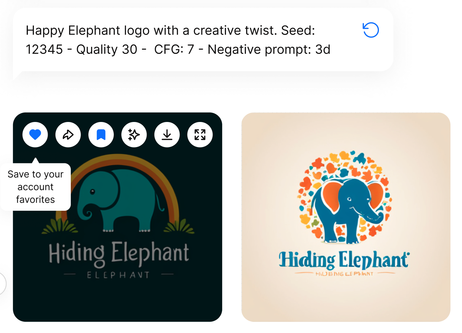 Hiding Elephant logo design workspace showing generated logo concepts on canvas