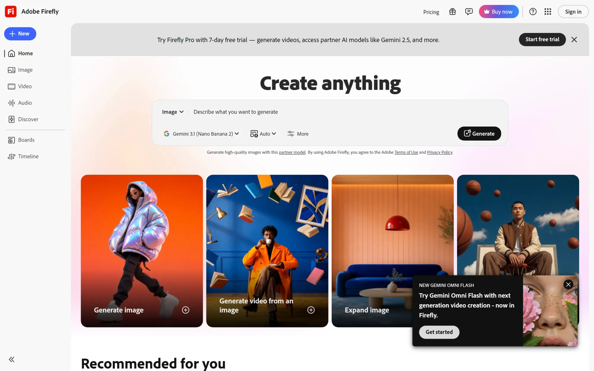 Adobe Firefly homepage for generative creative tools