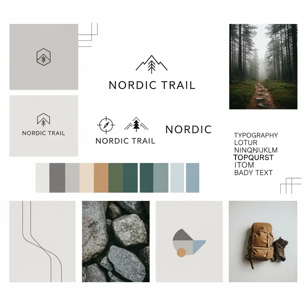 Brand identity board with logos, muted color palette, typography, and outdoor reference photography