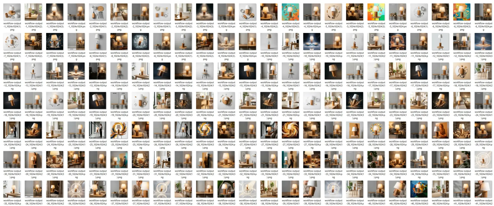 Large batch library of lifestyle and studio images generated from the same lamp product