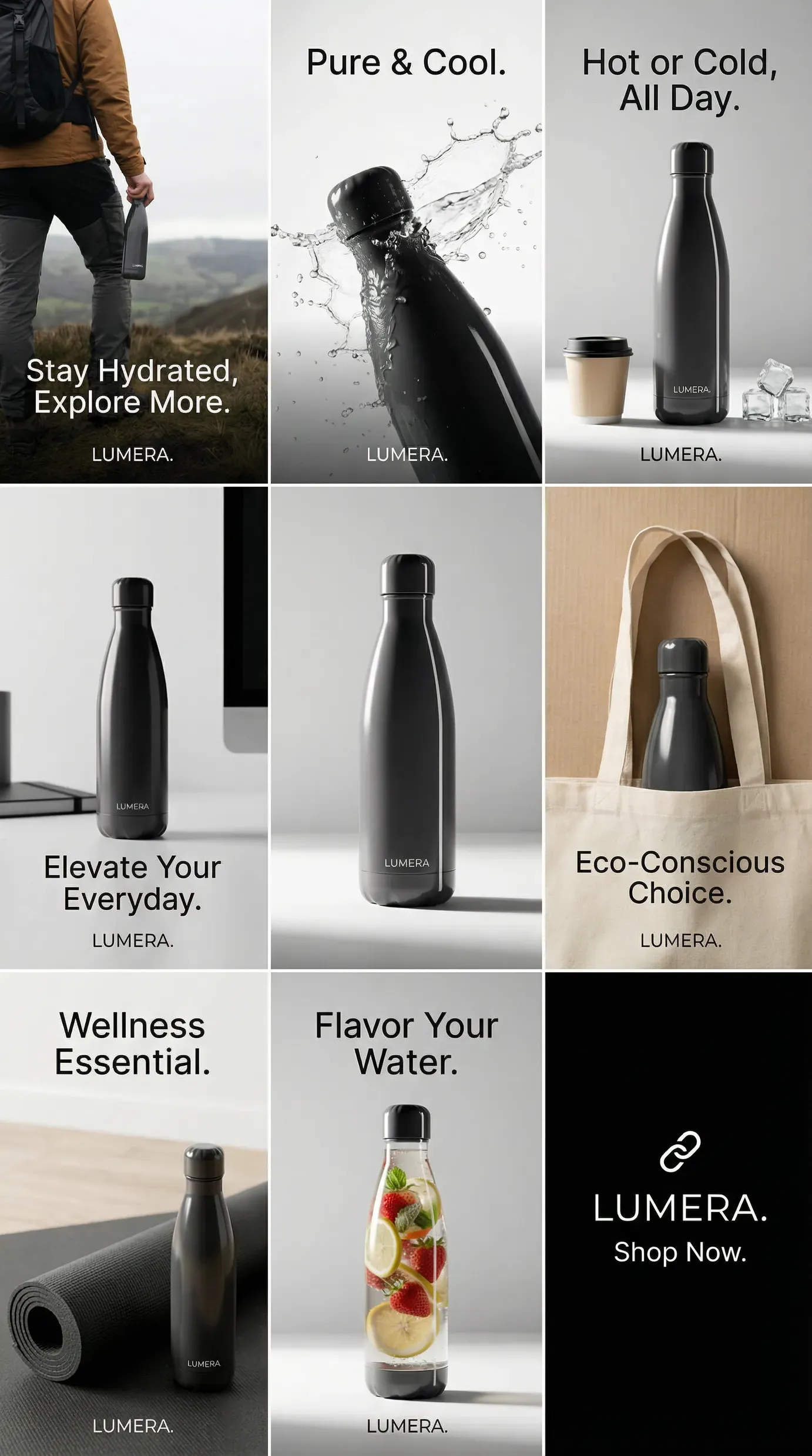 Campaign creatives for the same LUMERA bottle across hiking, office, fitness, and studio formats