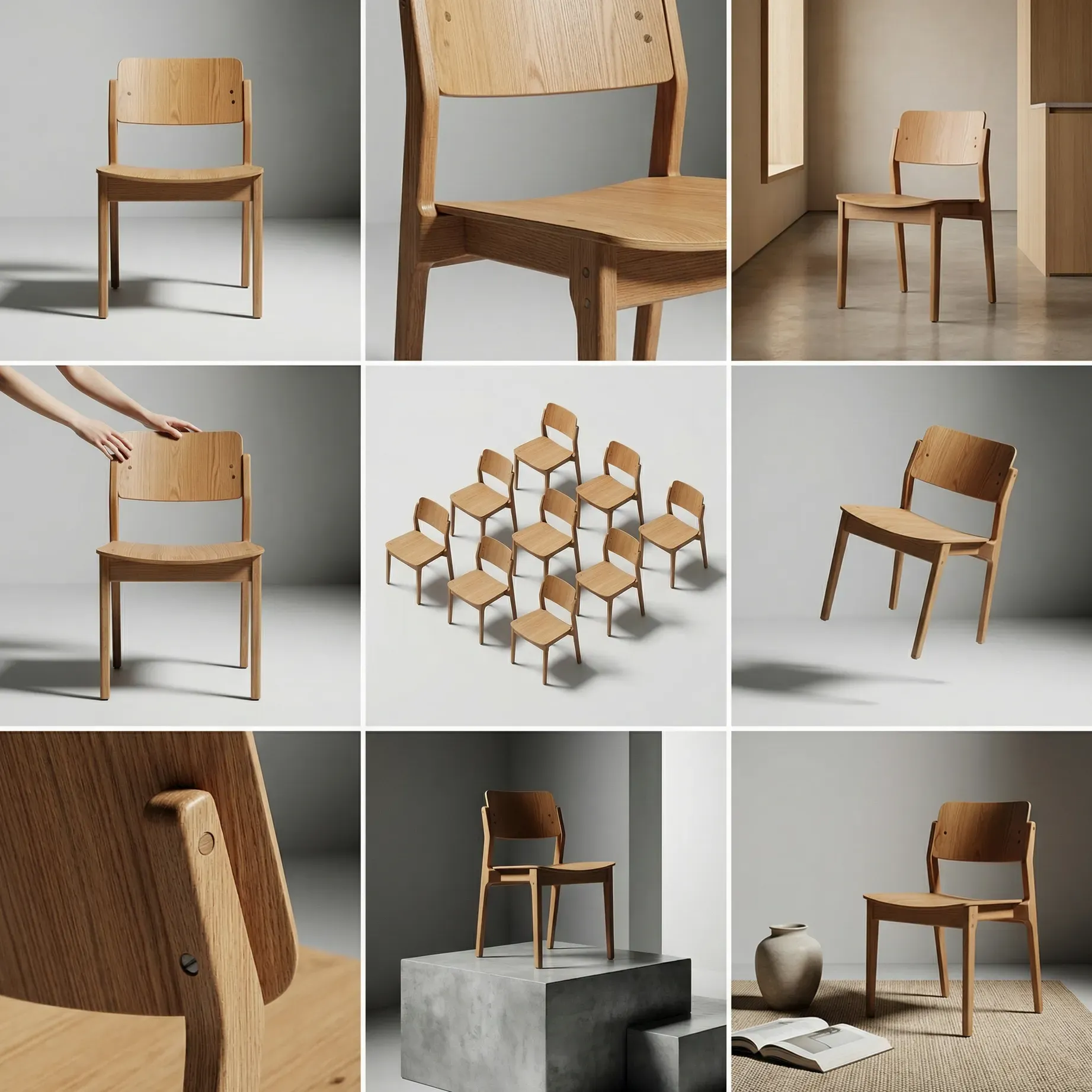 Nine ecommerce product shots of the same wooden chair across studio, lifestyle, detail, and batch variations