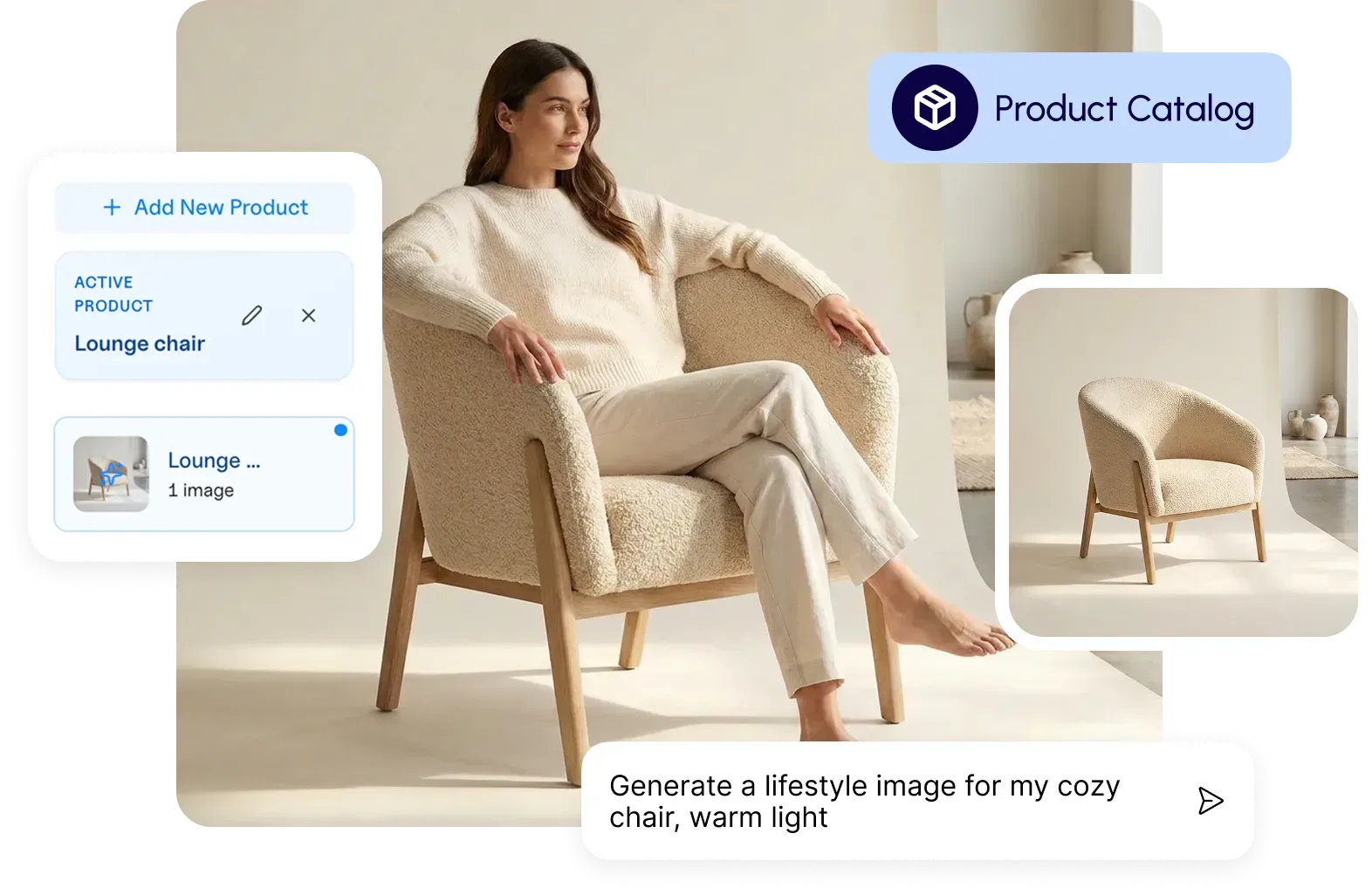 Hiding Elephant product catalog generating a lifestyle scene from a lounge chair SKU