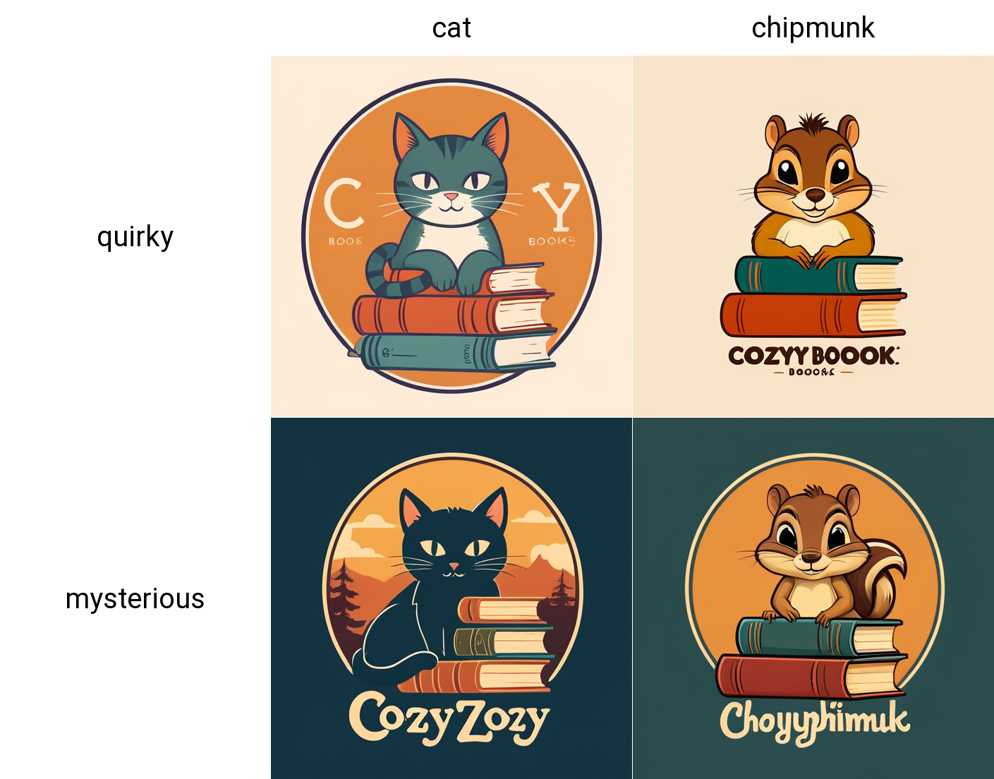 Magic Prompt bookstore logo variations with cat and chipmunk options