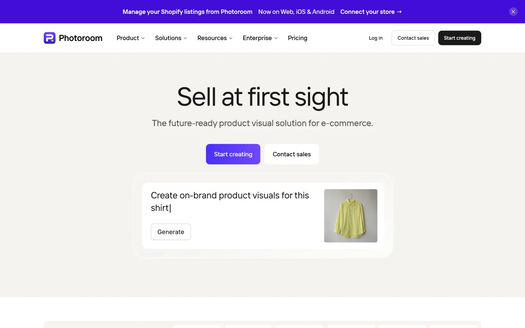 Photoroom homepage for AI product photography and catalog cleanup