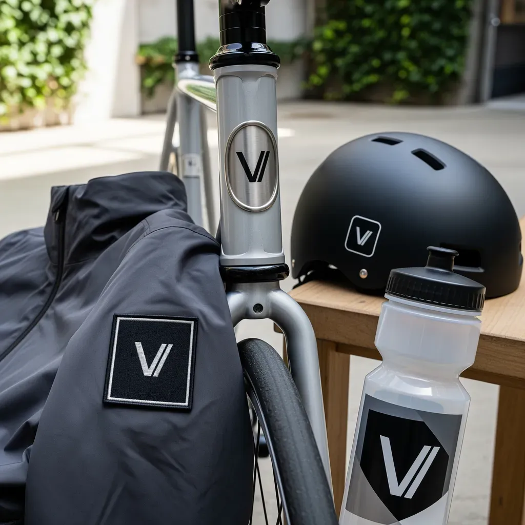 Cycling products sharing one logo system across a bike, jacket, helmet, and bottle