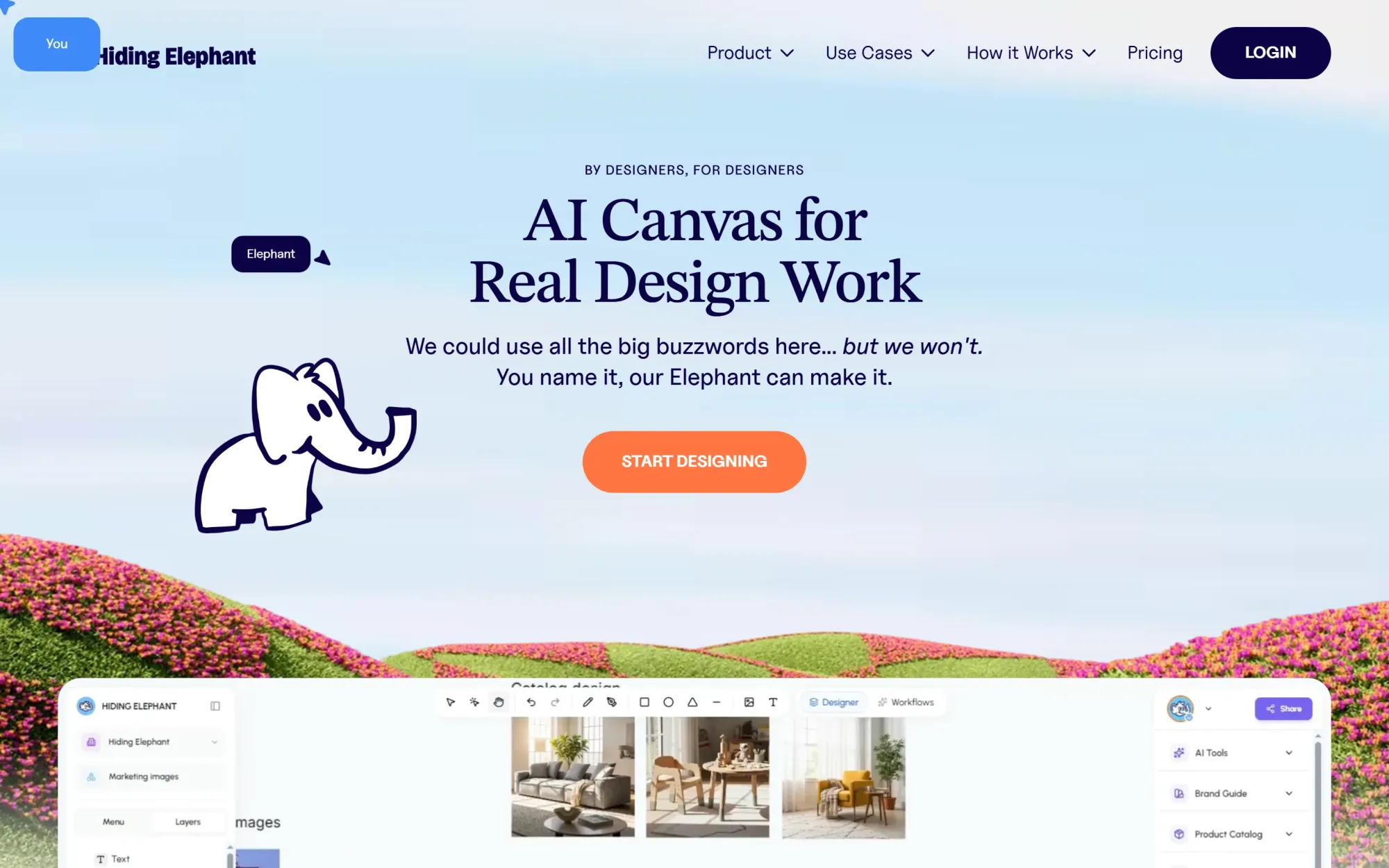 Hiding Elephant homepage: AI canvas for real design work