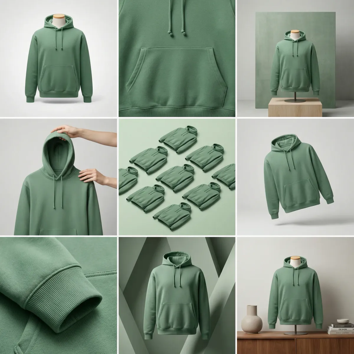 Grid of ecommerce product shots for the same hoodie across studio, lifestyle, detail, and batch creative variations