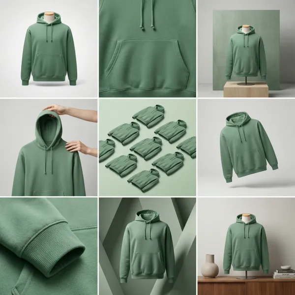 Grid of ecommerce product shots for the same hoodie across studio, lifestyle, detail, and batch creative variations